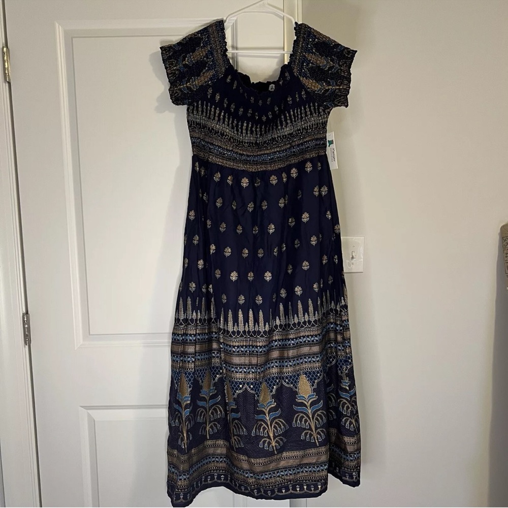 Women’s 3xl bohemian Indi style blue and gold dress off the shoulder sleeves